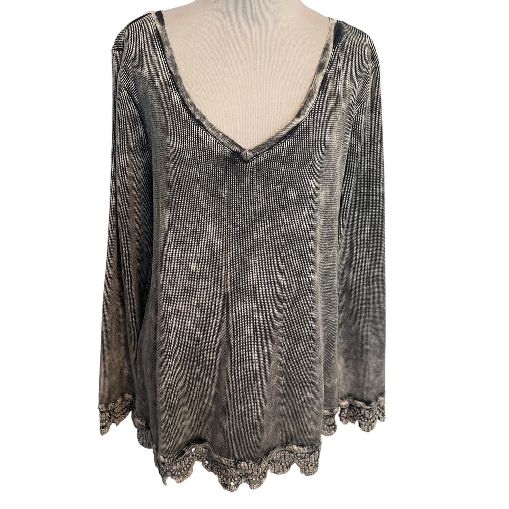 Soft Surroundings Sutton Thermal Womens Medium Gray Acid Wash Crochet Lace Trim